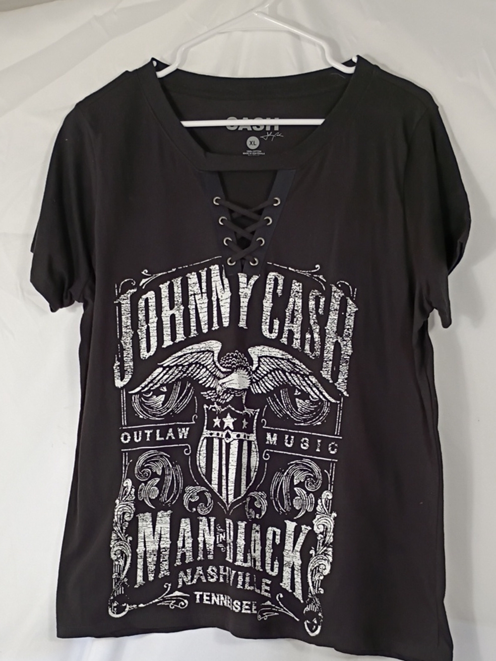 EUC Johnny Cash Man In Black Vneck Lace Up Women's Shirt Size XL Summer